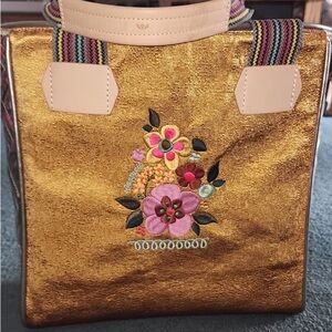 Floral Embroidered Gold Tote Bag